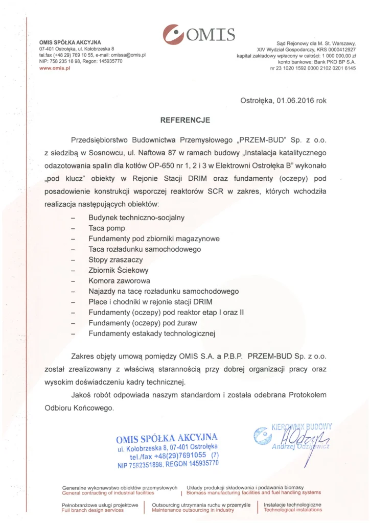 Referencja dla firmy Przembud - instalacja katalitycznego odazotowania dla kotłów Op-650 1,2,3 w Elektrowni Ostrołęka B