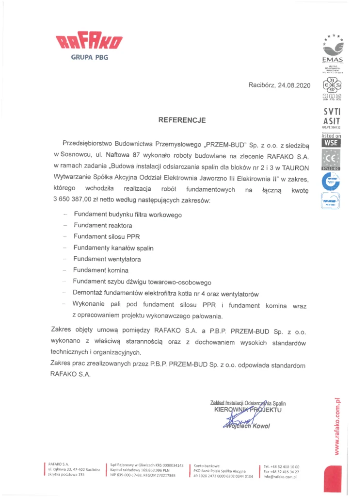 Referencja dla firmy Przembud - Wykonanie fundamentu dla linii cięcia wzdłużnego z fosą głębokości 6,0m na terenie ESAB Sp. z o.o.