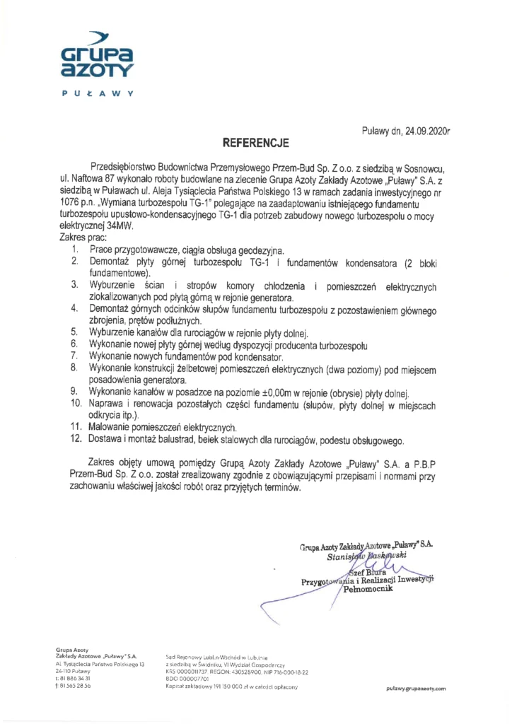 Referencja dla firmy Przembud - wymiana turbozespołu TG-1 – adaptacja fundamentu, Zakłady Azotowe „Puławy”