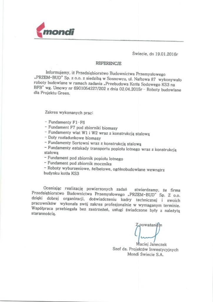 Referencja dla firmy Przembud - Przebudowa kotła sodowego KS3 na BFB dla Mondi Świecie S.A.