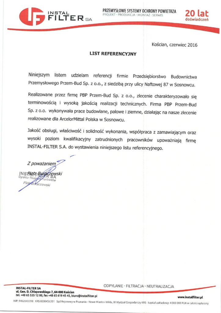 Referencja dla firmy PRZEMBUD - Prace budowlane, palowe i ziemne realizowane dla ArcelorMittal Polska w Sosnowcu