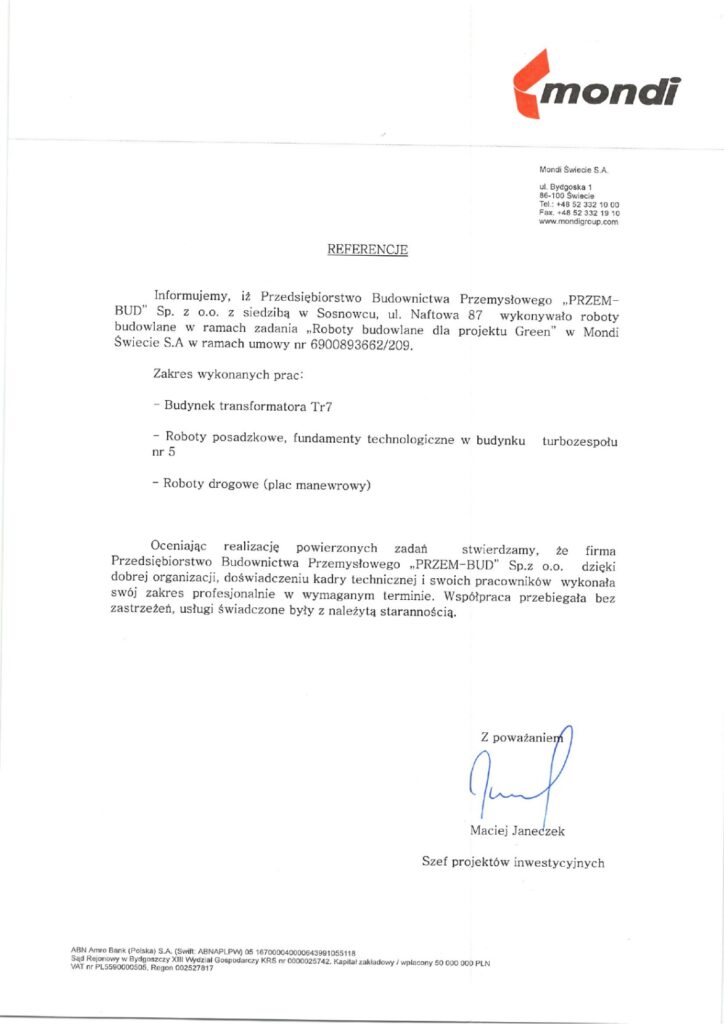 Referencja dla firmy PRZEMBUD - Roboty budowlane dla projektu Green w Mondi Świecie S.A